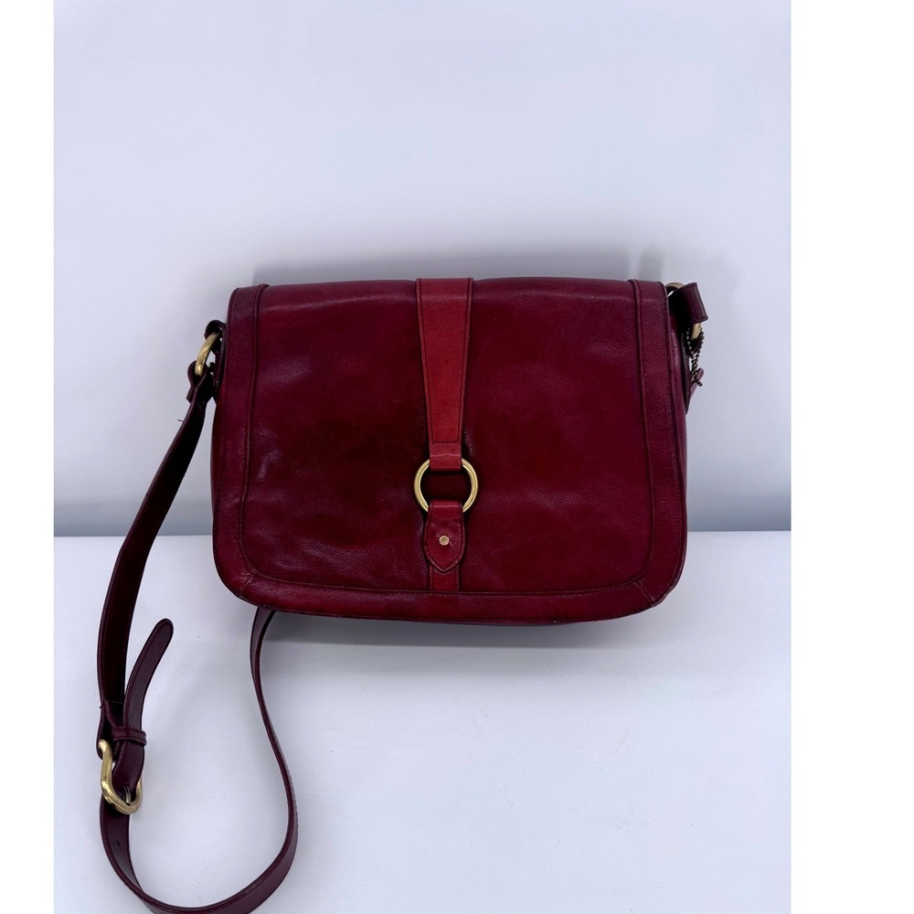 Vintage Genuine Leather Crossbody Shoulder Bag Purse‎ Burgundy Brass Ring Detail